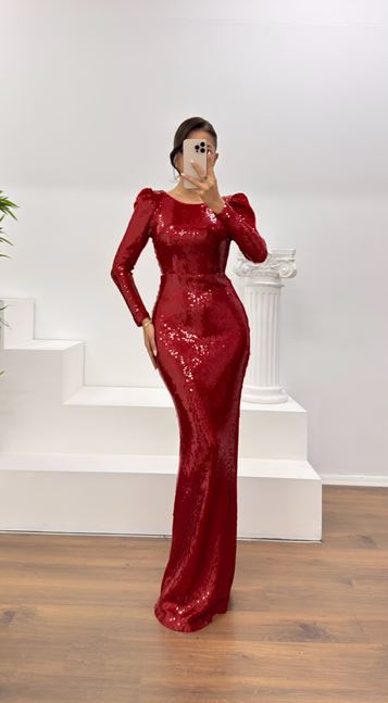 Kırmızı Pullu Abiye Elbise