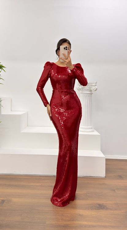 Kırmızı Pullu Abiye Elbise