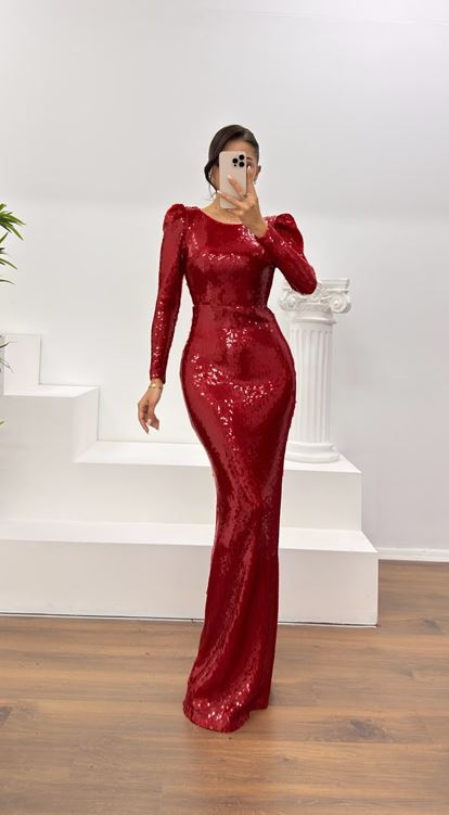 Kırmızı Pullu Abiye Elbise