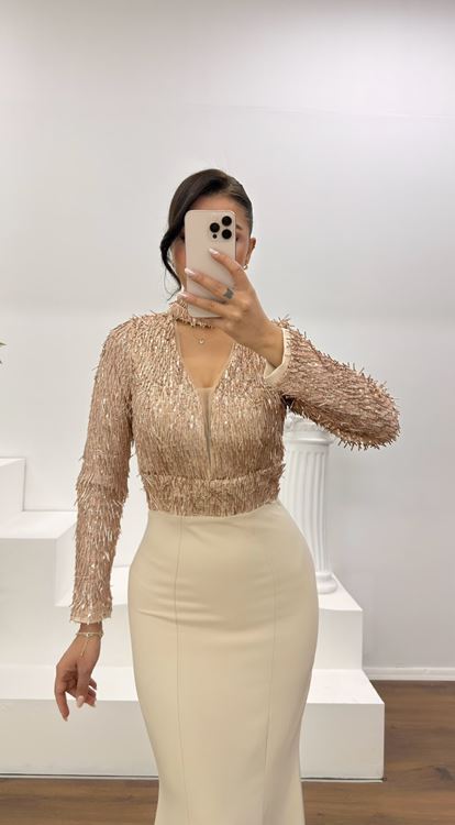 Gold Uzun Kollu İşleme Detaylı Abiye Elbise