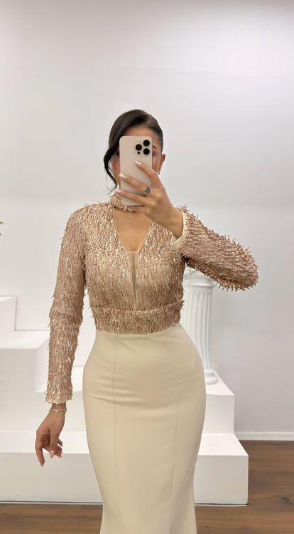 Gold Uzun Kollu İşleme Detaylı Abiye Elbise