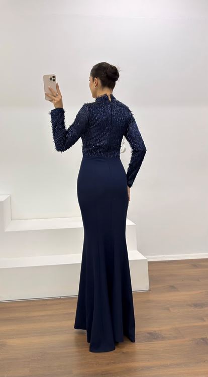 Lacivert Uzun Kollu İşleme Detaylı Abiye Elbise