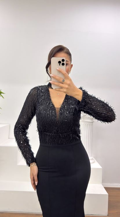 Siyah Uzun Kollu İşleme Detaylı Abiye Elbise