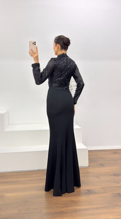 Siyah Uzun Kollu İşleme Detaylı Abiye Elbise