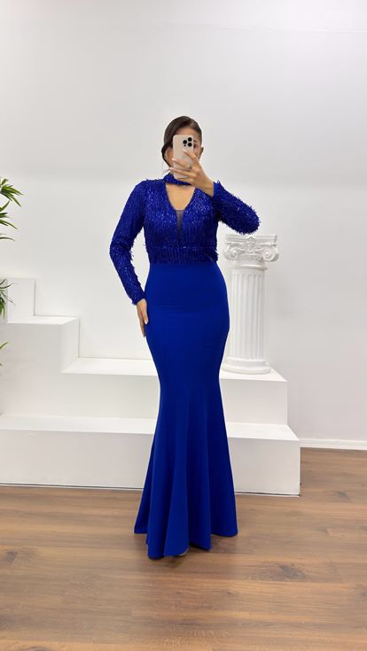 Saks Uzun Kollu İşleme Detaylı Abiye Elbise