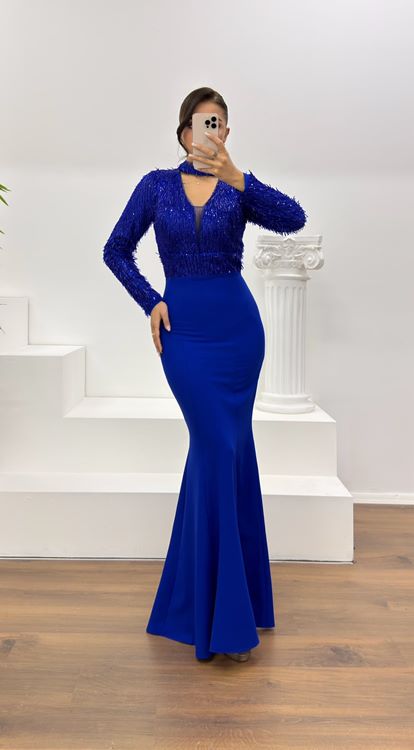 Saks Uzun Kollu İşleme Detaylı Abiye Elbise