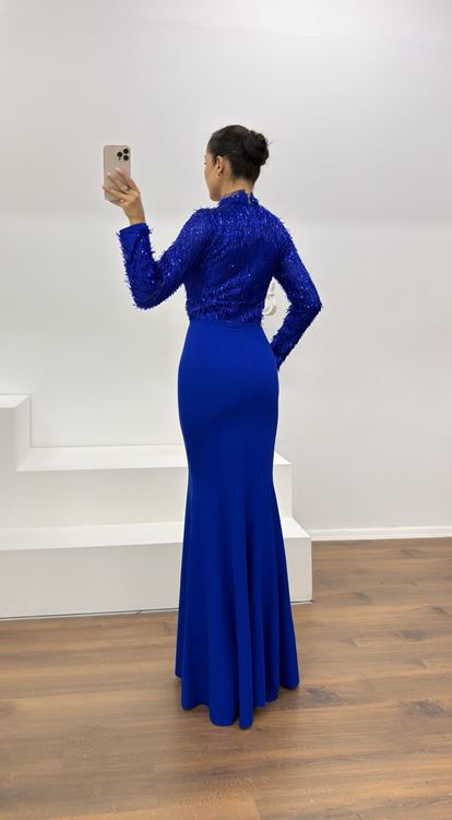 Saks Uzun Kollu İşleme Detaylı Abiye Elbise