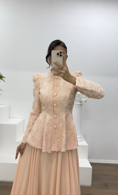 Pudra Vintage  Uzun Etek-Ceket Abiye Takım