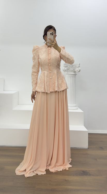 Pudra Vintage  Uzun Etek-Ceket Abiye Takım