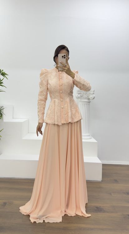 Pudra Vintage  Uzun Etek-Ceket Abiye Takım