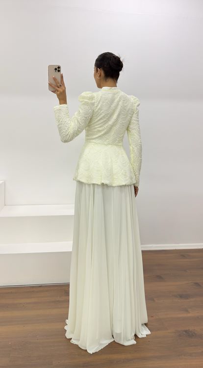 Krem Vintage  Uzun Etek-Ceket Abiye Takım