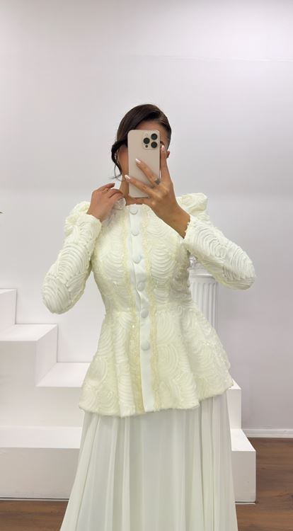 Krem Vintage  Uzun Etek-Ceket Abiye Takım