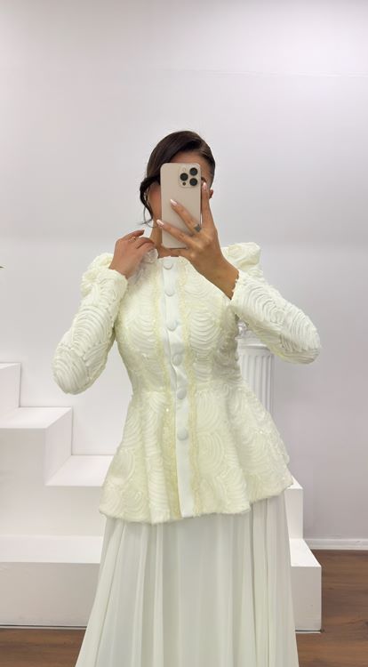 Krem Vintage  Uzun Etek-Ceket Abiye Takım