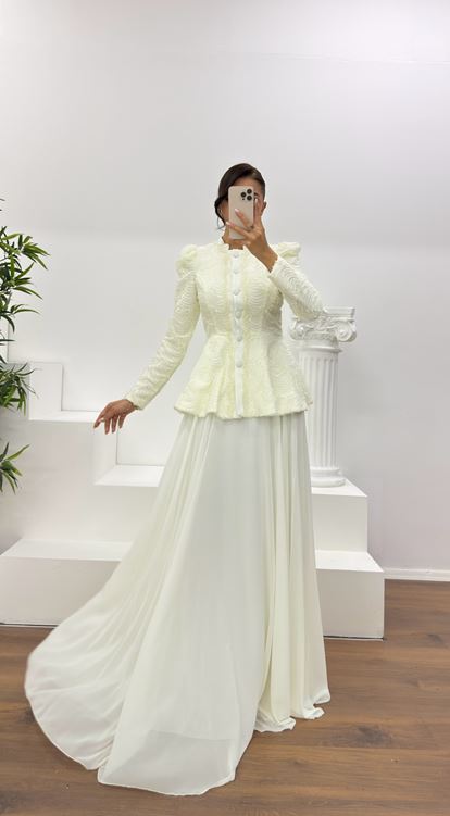 Krem Vintage  Uzun Etek-Ceket Abiye Takım