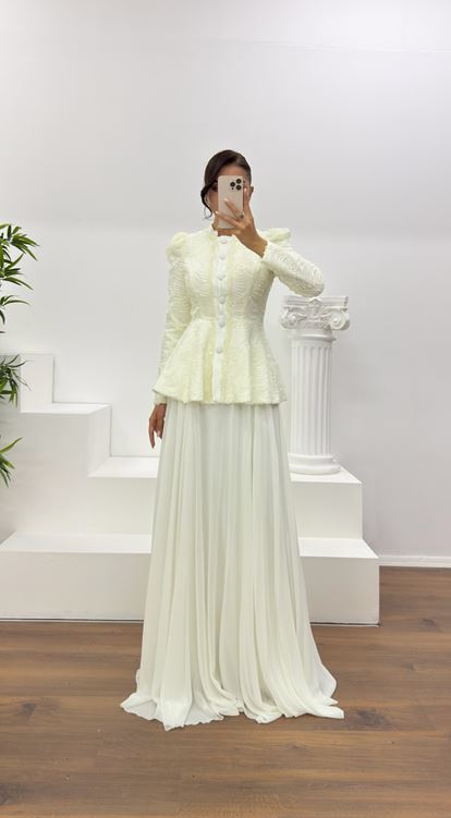 Krem Vintage  Uzun Etek-Ceket Abiye Takım