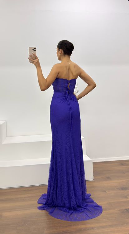 Koyu Lila Straplez Bel Transparan Dantel Abiye Elbise