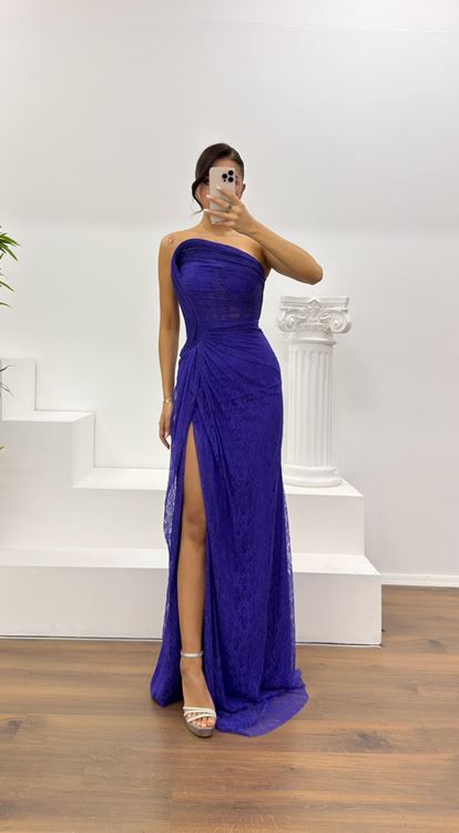 Koyu Lila Straplez Bel Transparan Dantel Abiye Elbise