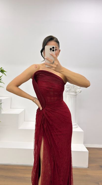 Bordo Straplez Bel Transparan Dantel Abiye Elbise