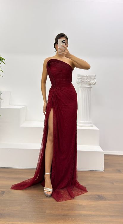 Bordo Straplez Bel Transparan Dantel Abiye Elbise