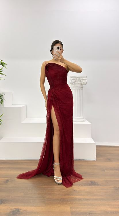 Bordo Straplez Bel Transparan Dantel Abiye Elbise