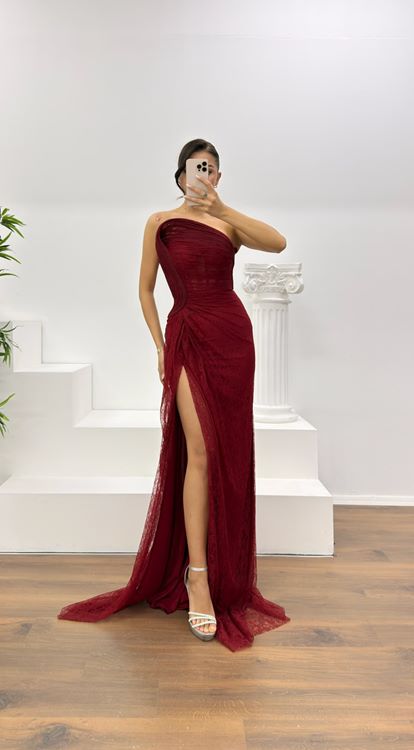 Bordo Straplez Bel Transparan Dantel Abiye Elbise