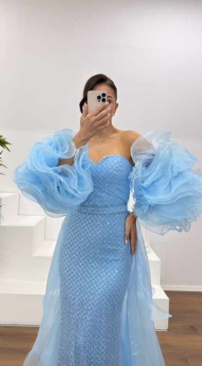 İndigo Straplez Kolları Tül Detay Abiye Elbise