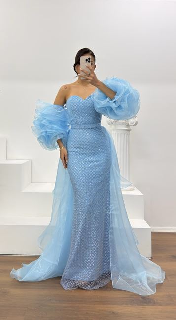 İndigo Straplez Kolları Tül Detay Abiye Elbise