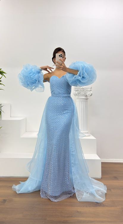 İndigo Straplez Kolları Tül Detay Abiye Elbise