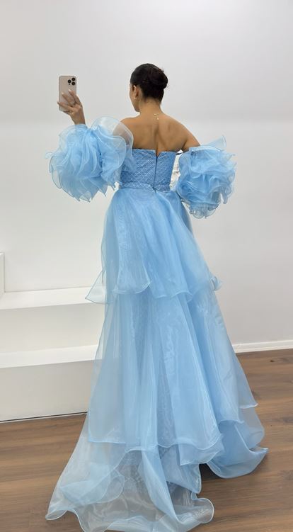 İndigo Straplez Kolları Tül Detay Abiye Elbise