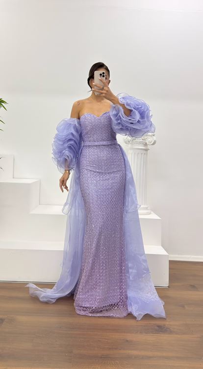 Lila Straplez Kolları Tül Detay Abiye Elbise