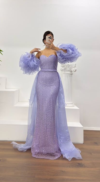 Lila Straplez Kolları Tül Detay Abiye Elbise