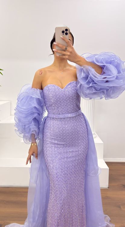 Lila Straplez Kolları Tül Detay Abiye Elbise