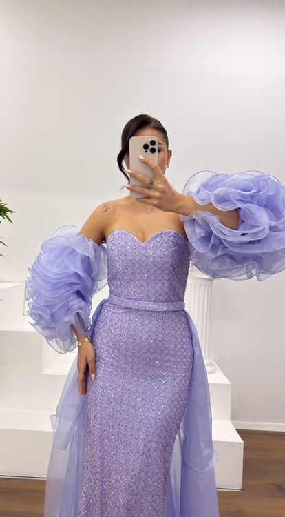 Lila Straplez Kolları Tül Detay Abiye Elbise