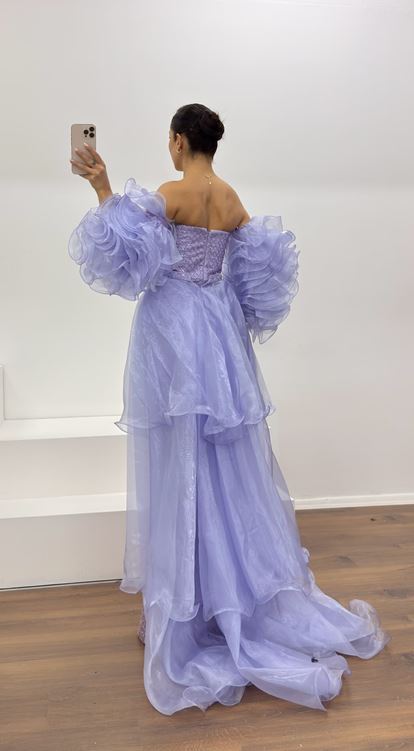 Lila Straplez Kolları Tül Detay Abiye Elbise