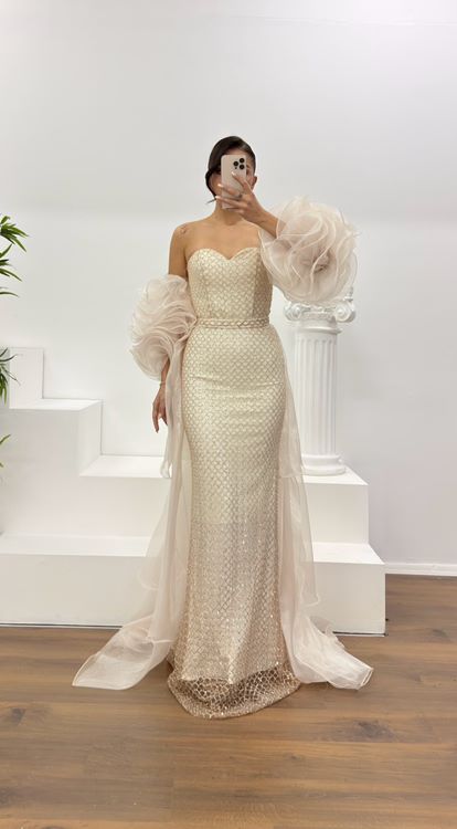 Gold Straplez Kolları Tül Detay Abiye Elbise