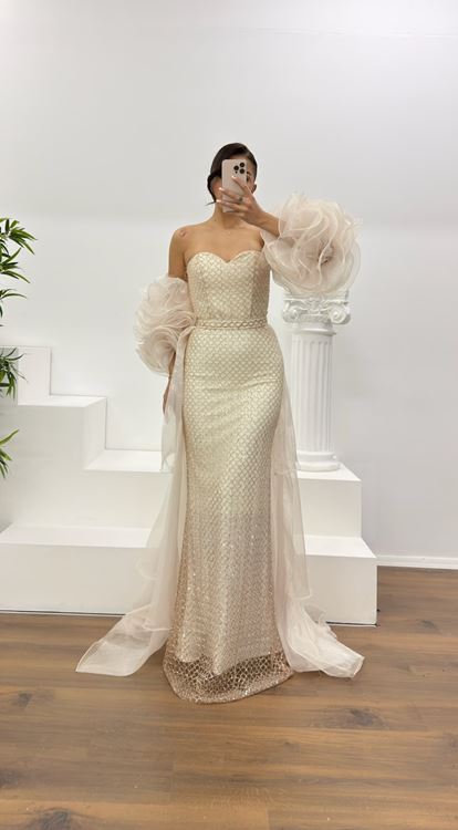 Gold Straplez Kolları Tül Detay Abiye Elbise