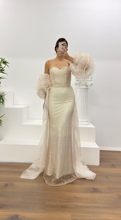 Gold Straplez Kolları Tül Detay Abiye Elbise