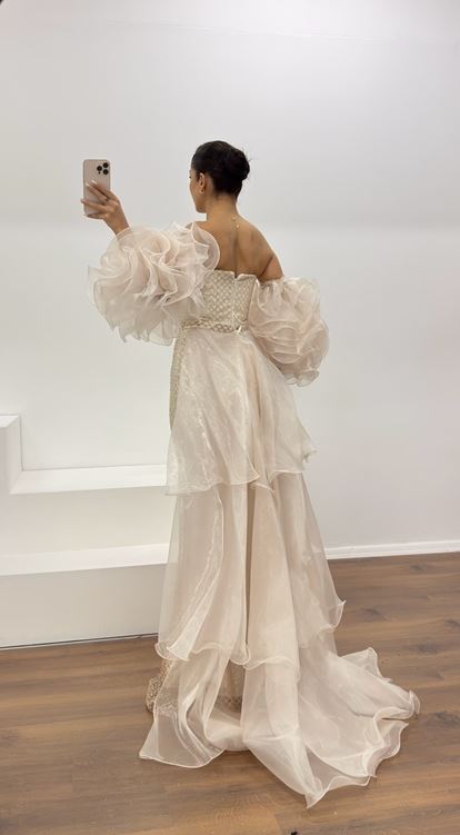 Gold Straplez Kolları Tül Detay Abiye Elbise