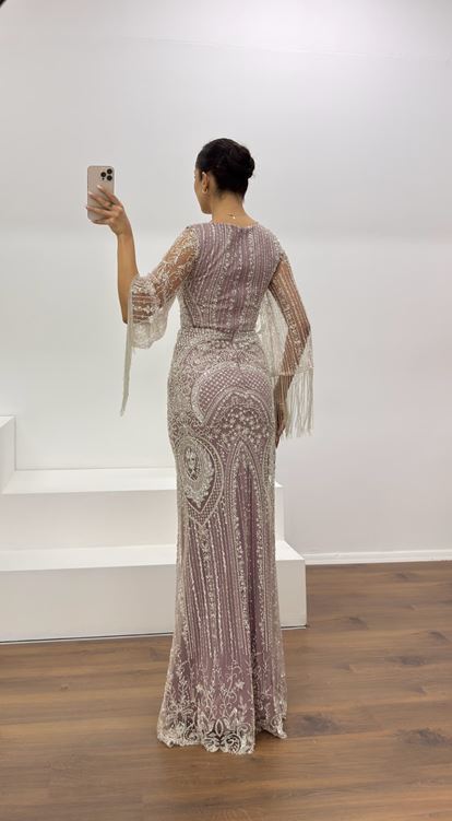 Lila Kolları Saçaklı İşlemeli Abiye Elbise