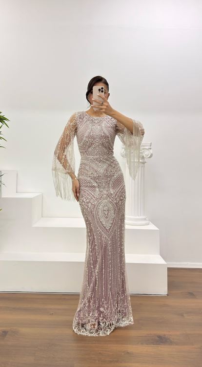 Lila Kolları Saçaklı İşlemeli Abiye Elbise