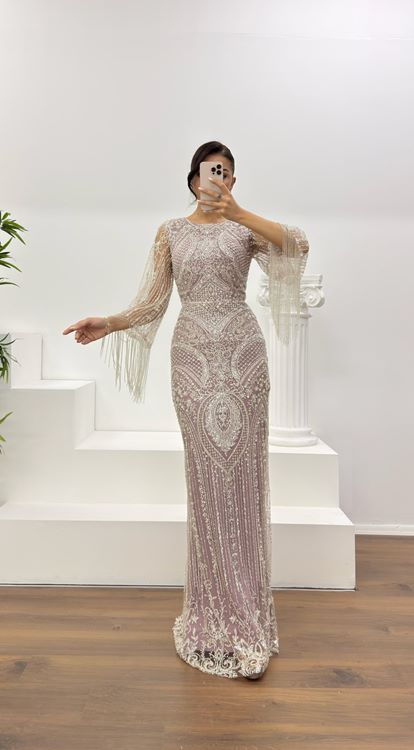 Lila Kolları Saçaklı İşlemeli Abiye Elbise
