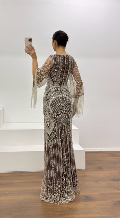 Vizon Kolları Saçaklı İşlemeli Abiye Elbise