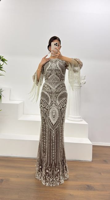 Vizon Kolları Saçaklı İşlemeli Abiye Elbise