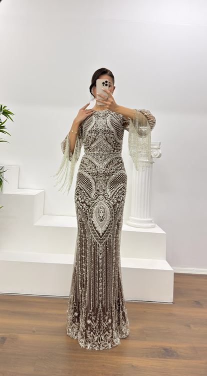 Vizon Kolları Saçaklı İşlemeli Abiye Elbise