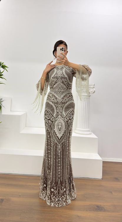 Vizon Kolları Saçaklı İşlemeli Abiye Elbise