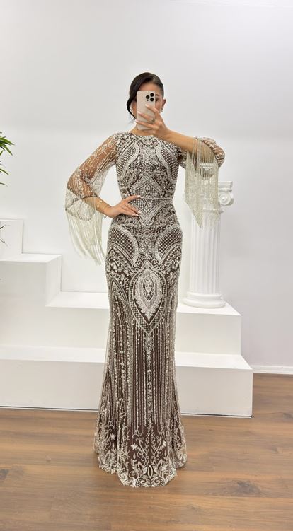 Vizon Kolları Saçaklı İşlemeli Abiye Elbise