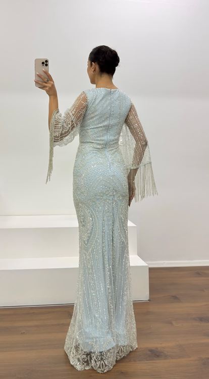 Bebe Mavisi Kolları Saçaklı İşlemeli Abiye Elbise