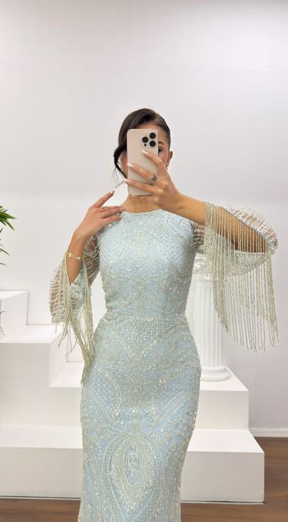 Bebe Mavisi Kolları Saçaklı İşlemeli Abiye Elbise