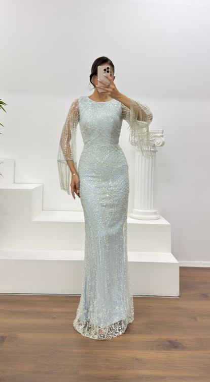 Bebe Mavisi Kolları Saçaklı İşlemeli Abiye Elbise