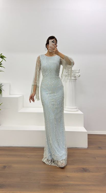 Bebe Mavisi Kolları Saçaklı İşlemeli Abiye Elbise